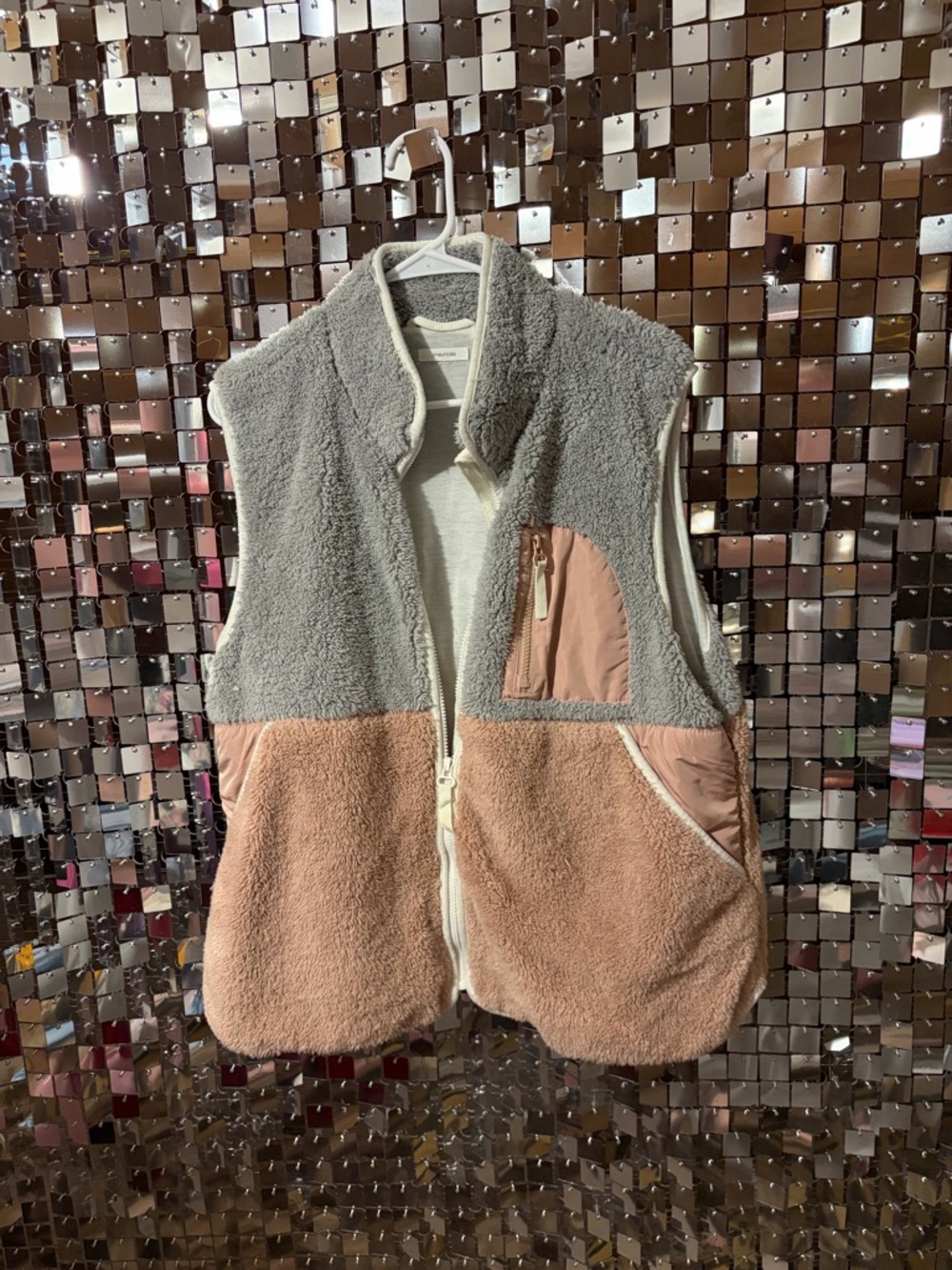 Maurices Two-Tone Sherpa Zip Vest in Gray and Light Pink Trim